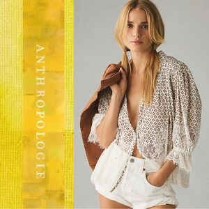 ANTHROPOLOGIE brown and green print Victorian lace puff sleeve cropped blouse